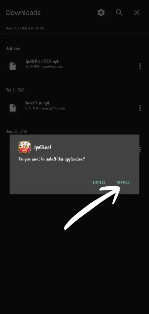 Installing the 3 Patti No1 APK on Android — tap Install