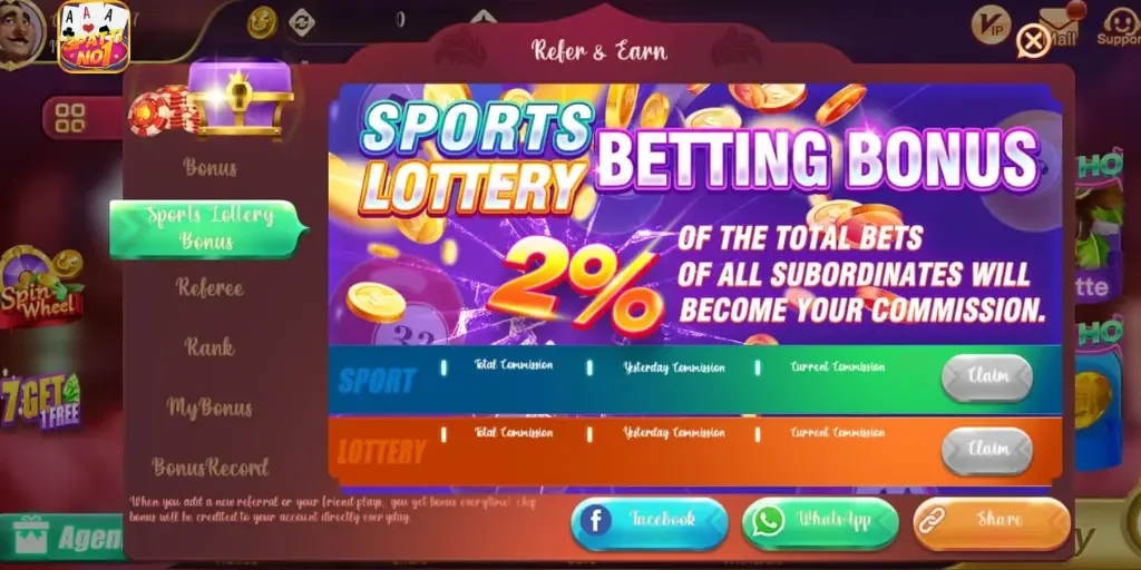 3 Patti No1 Sports Lottery betting bonus with 2% commission on subordinates